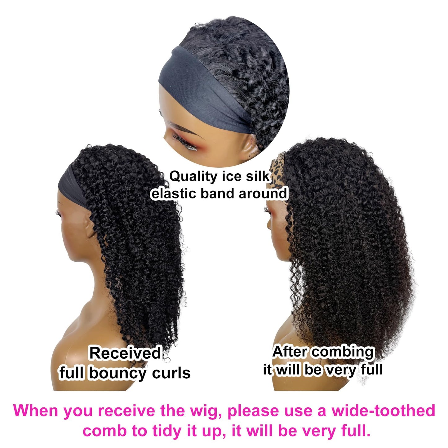 Kinky Curly Headband Wig Human Hair 26 Inch Headband Wigs for Women Human Hair Glueless None Lace Front Curly Wave Wigs Brazilian Virgin Hair Wear and Go Glueless Wig 150% Density Natural Black Color