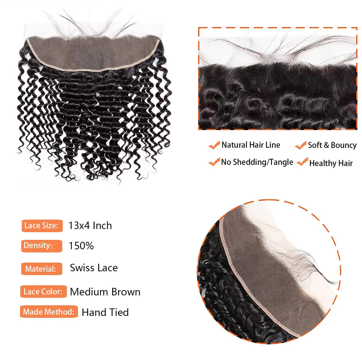 13x4 Lace Frontal Closure Deep Wave Frontal Ear to Ear HD Lace Frontal 16 Inch Brazilian Virgin Human Hair Frontals Closure Pre Plucked with Baby Hair 150% Density Natural Black