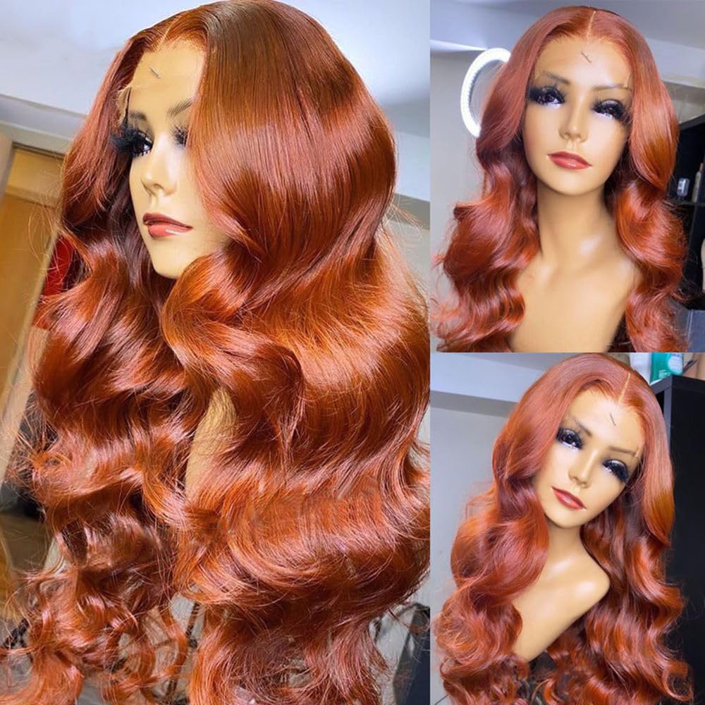 SISIFIRE Ginger Orange Body Wave Lace Front Wigs for Women Heat Resistant Fiber Long Loose Wavy Lace Wig with Baby Hair Orange Synthetic Glueless Lace Front Wig for Daily Party Use
