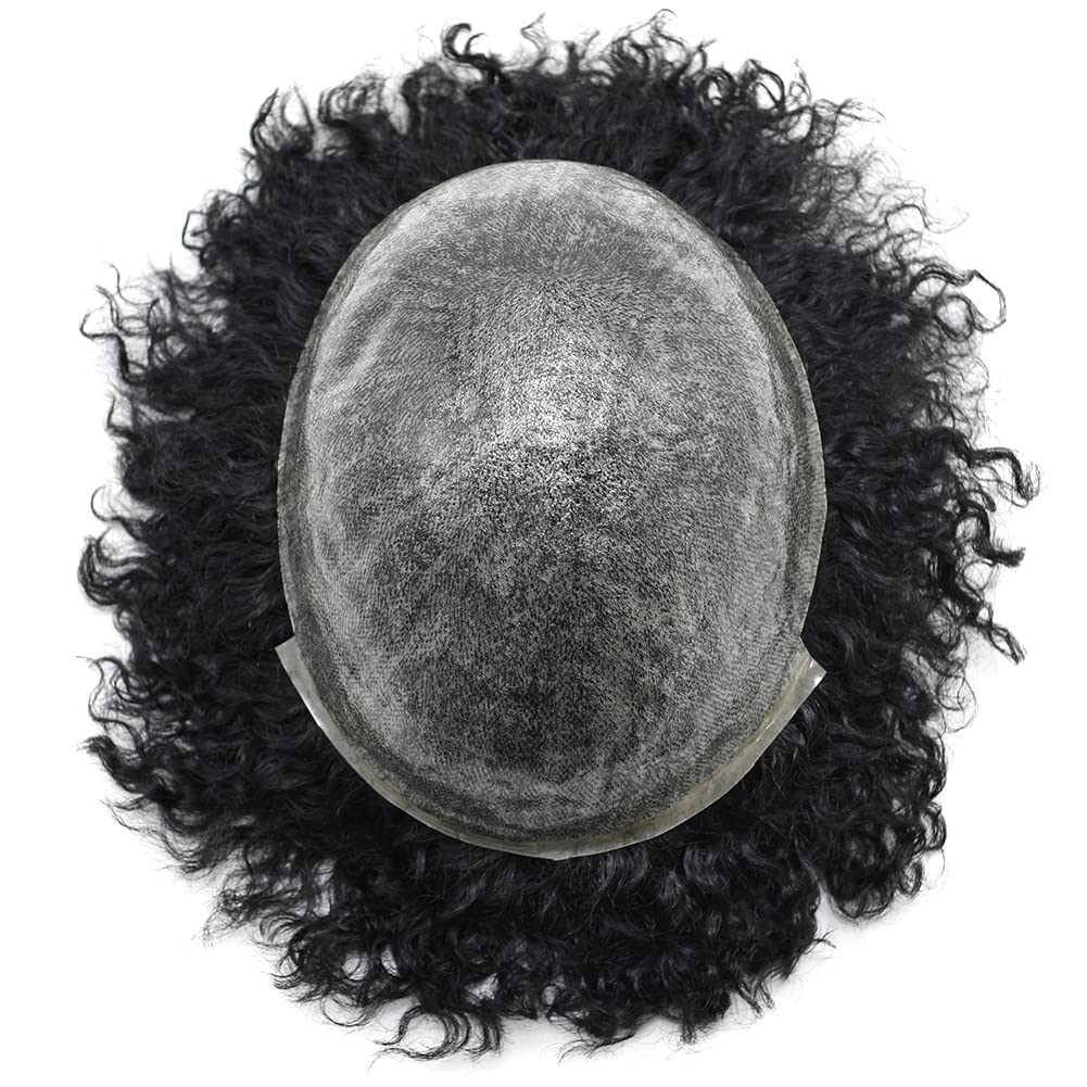Man Weave Hair Unit for Black Men Curly Afro Brazilian Hair Replacement System Wig for American African Black Men Full Poly Skin All PU Injected Wave Hairpiece (1B# Off Black, 6MM Afro Wave)