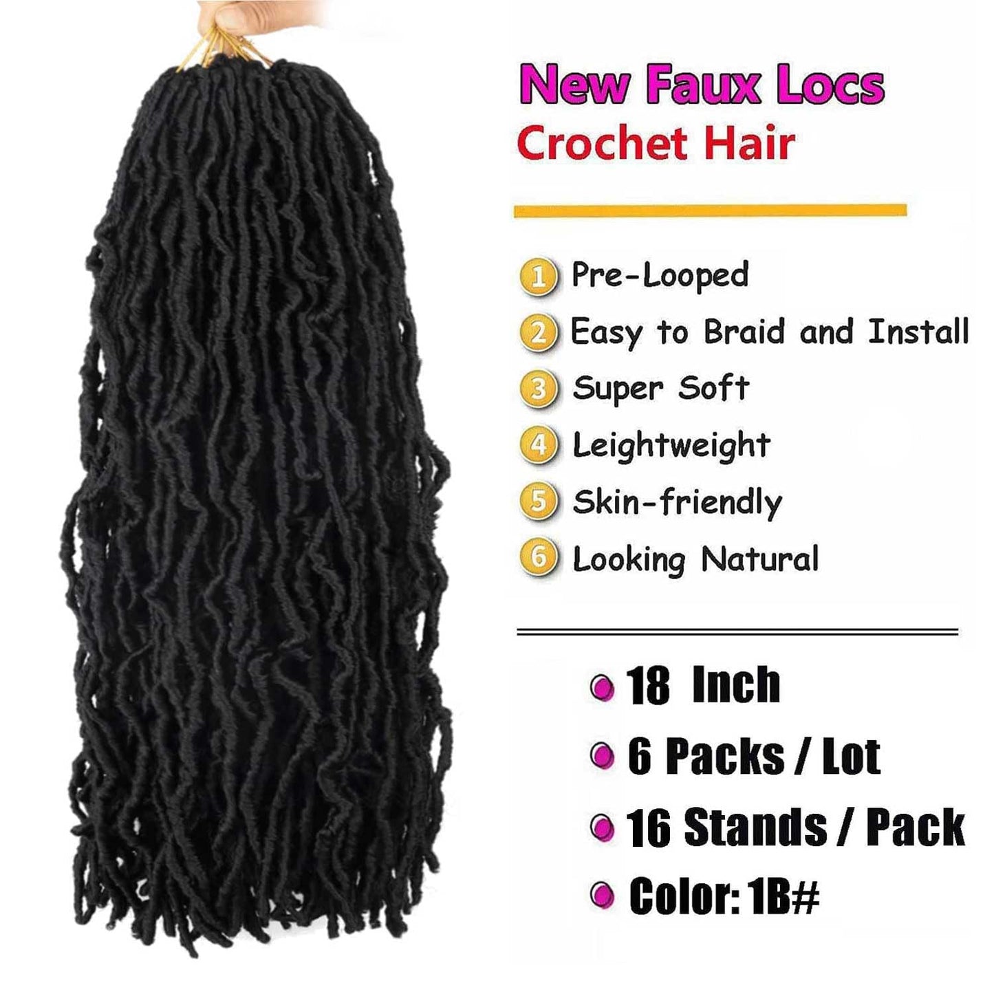 6 Packs Soft Locs Crochet Hair Pre Looped Faux Locs Crochet Braids Goddess Locs Dreadlocs Synthetic Hair For Black Women (1B, 18 Inch (Pack of 6))