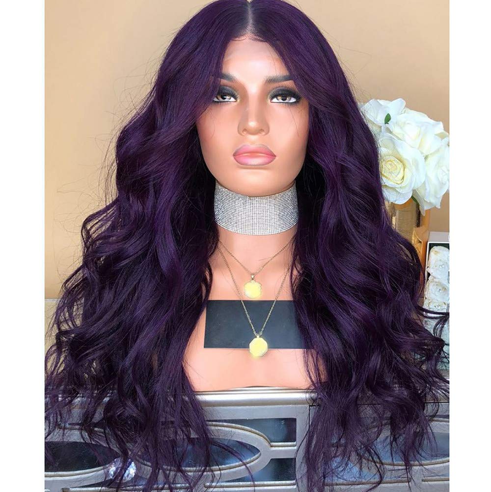 Long Wavy Synthetic Lace Front Wig Glueless Purple High Temperature Heat Resistant Fiber Hair Wigs For Women Female Long Curly Hair [ by Dolloress] (Purple,70cm)