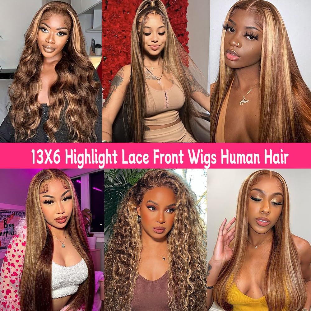 13x6 Ombre Highlight Lace Front Wigs Human Hair Pre Plucked HD Transparent Straight Lace Frontal Wigs 180% Density Glueless 4/27 Colored Honey Blonde Human Hair Wig for Women with Baby Hair 20Inch
