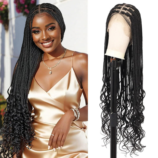 Olymei HD Full Lace Knotless Braided Wigs for Black Women Box Braid Wig Boho Curly Ends Braided Wigs with Baby Hair Premium Synthetic Boho Braided Wig,36 Inch 360° HD Full Lace