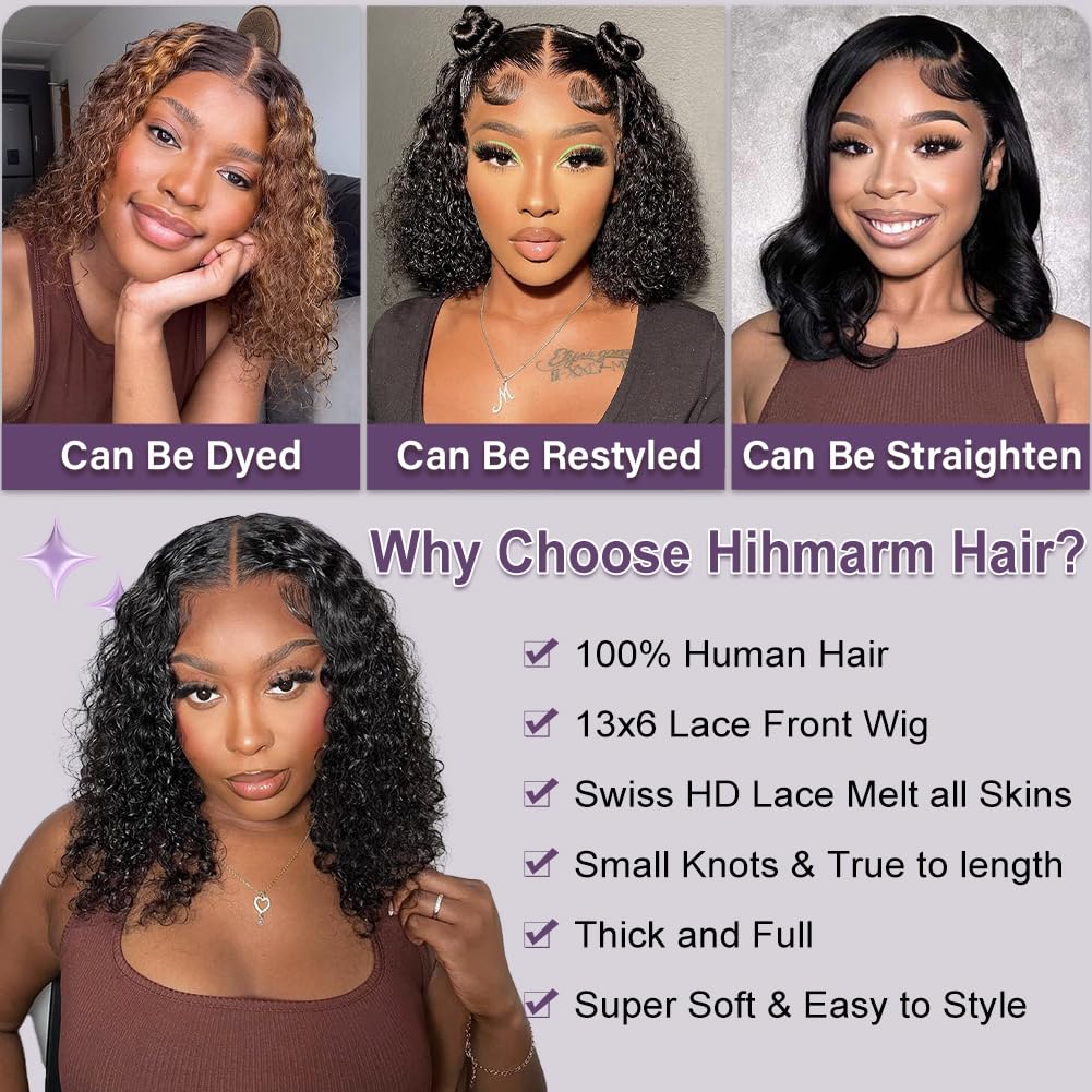 Hihmarm Curly Bob Wig Human Hair 13x6 Hd Lace 100% Human Hair Deep Wave Wigs Pre Plucked Glueless Wig Short Curly Wet And Wavy Human Hair Bob Wigs For Black Women 180 Density Natural Color 14 Inch