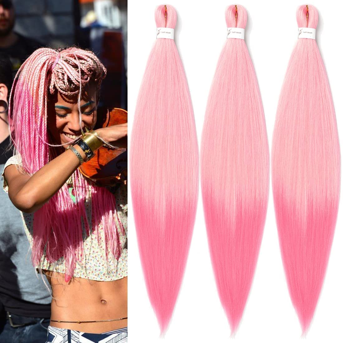 Pre Stretched Braiding Hair 24 inch 3 Packs Braiding Hair 8 Packs Soft Yaki Texture, No Itch, Hot Water Setting Synthetic Hair Extensions for Braids Auburn Brown(24in,613Pink)