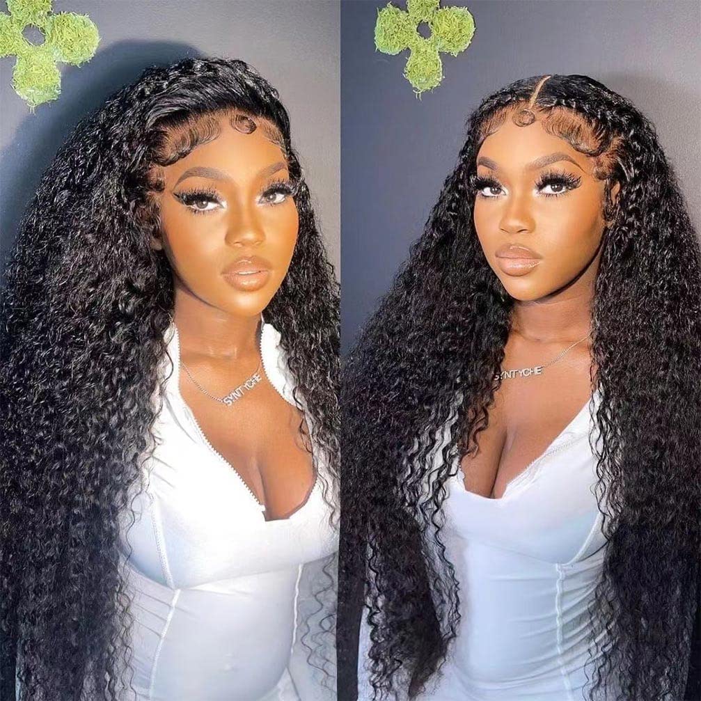 WPPIKK 13x4 Lace Front Wigs Human Hair Pre Plucked Brazilian Water Wave Human Hair Wigs for Black Women Glueless 180 Density Curly Lace Frontal Wig (32 Inch)