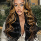 Sunber Bye Bye Knots 7x5 Lace Black with Caramel Blonde Highlights Body Wave Glueless Wigs Pre Everything Pre Cut 7x5 Lace Front Pre Plucked Pre Bleached Knots 150% Density 18Inch Put On and Go Wig