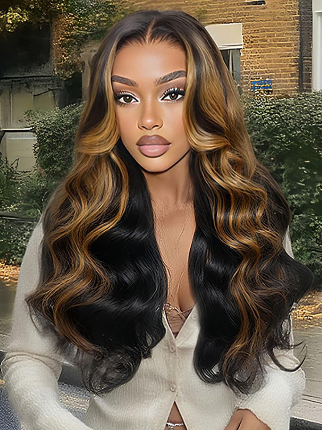 Sunber Bye Bye Knots 7x5 Lace Black with Caramel Blonde Highlights Body Wave Glueless Wigs Pre Everything Pre Cut 7x5 Lace Front Pre Plucked Pre Bleached Knots 150% Density 20Inch Put On and Go Wig