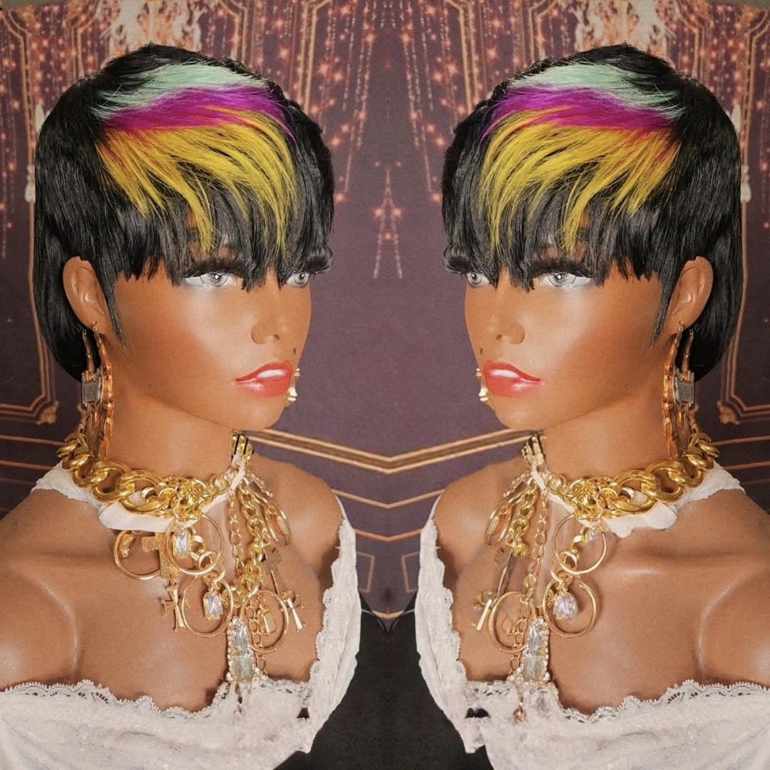 QiaQiaRing Mullet Wigs for Black Women Chic Elegent Mullet Pixie Cut Wigs for Daily Use Short Layered Pixie Bob Human Hair With Bangs Brazilian Virgin Straight Bob Human Hair (1b/purple/blue)