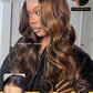Sunber Ombre Highlight Brown Body Wave Human Hair Glueless Balayage Wigs Pre Cut 7x5 HD Lace Front with Elastic Drawstring 150% Density Put On and Go Pre Plucked Pre Bleached Invisible Knots 24Inch