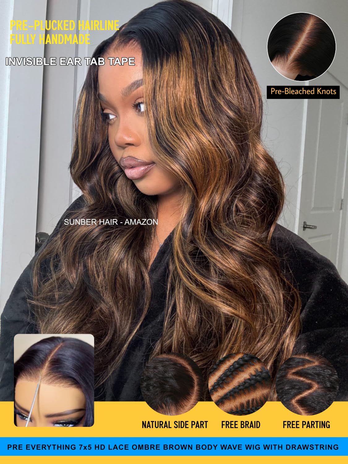 Sunber Ombre Highlight Brown Body Wave Human Hair Glueless Balayage Wigs Pre Cut 7x5 HD Lace Front with Elastic Drawstring 150% Density Put On and Go Pre Plucked Pre Bleached Invisible Knots 24Inch
