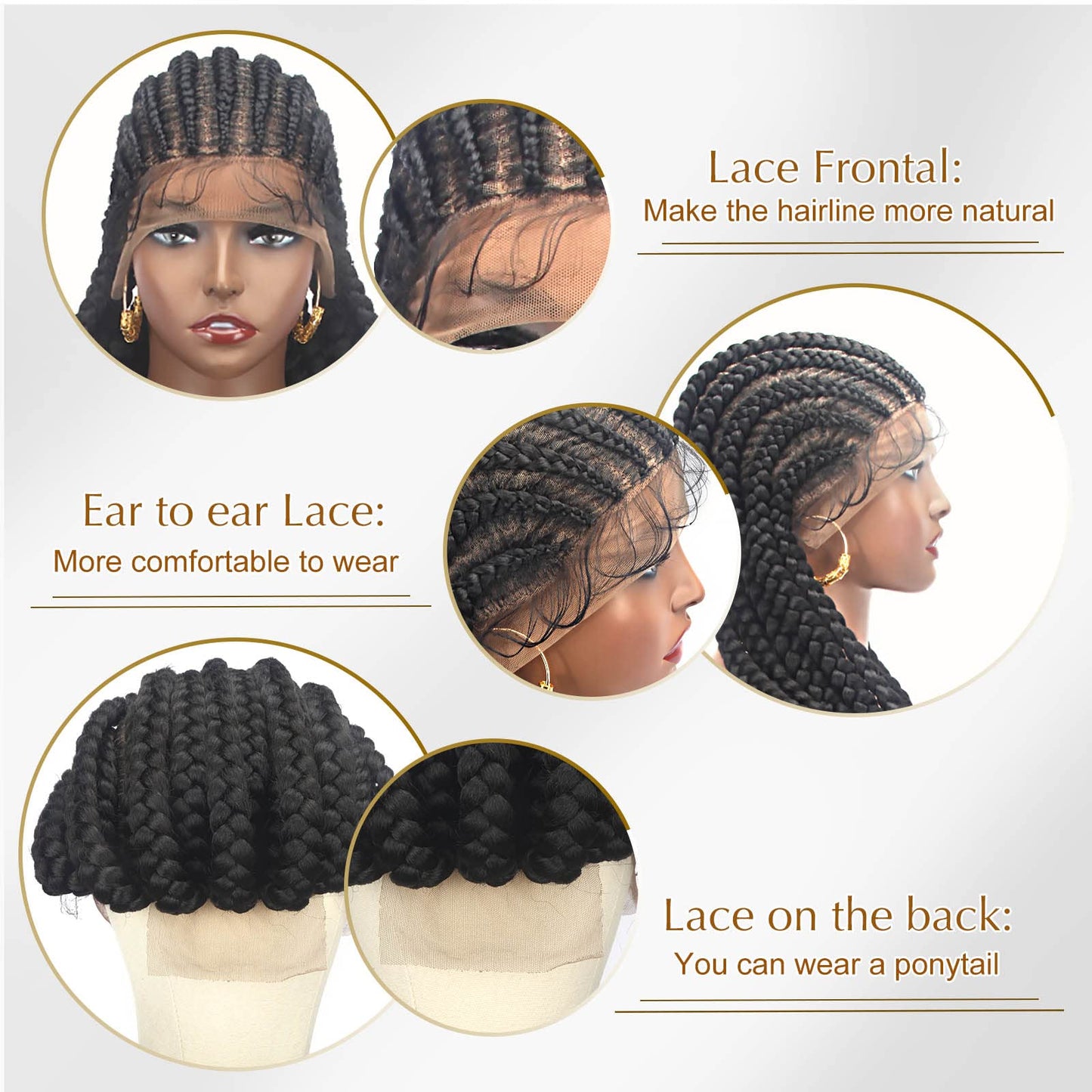 Alebery 36" Full Lace Braided Wigs for Black Women Jumbo Box Braids Lace Front Wig with Baby Hair Lightweight Synthetic Lace Frontal Black Cornrow Twisted Wigs (Black)
