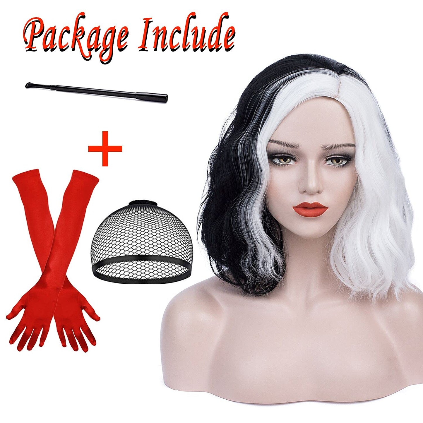 Ruina Half Black White Cruella Deville Wig for Cruella Deville Costume Women Girls Cruella Costume Curly Wavy Wigs for Party Halloween Costume R019BW
