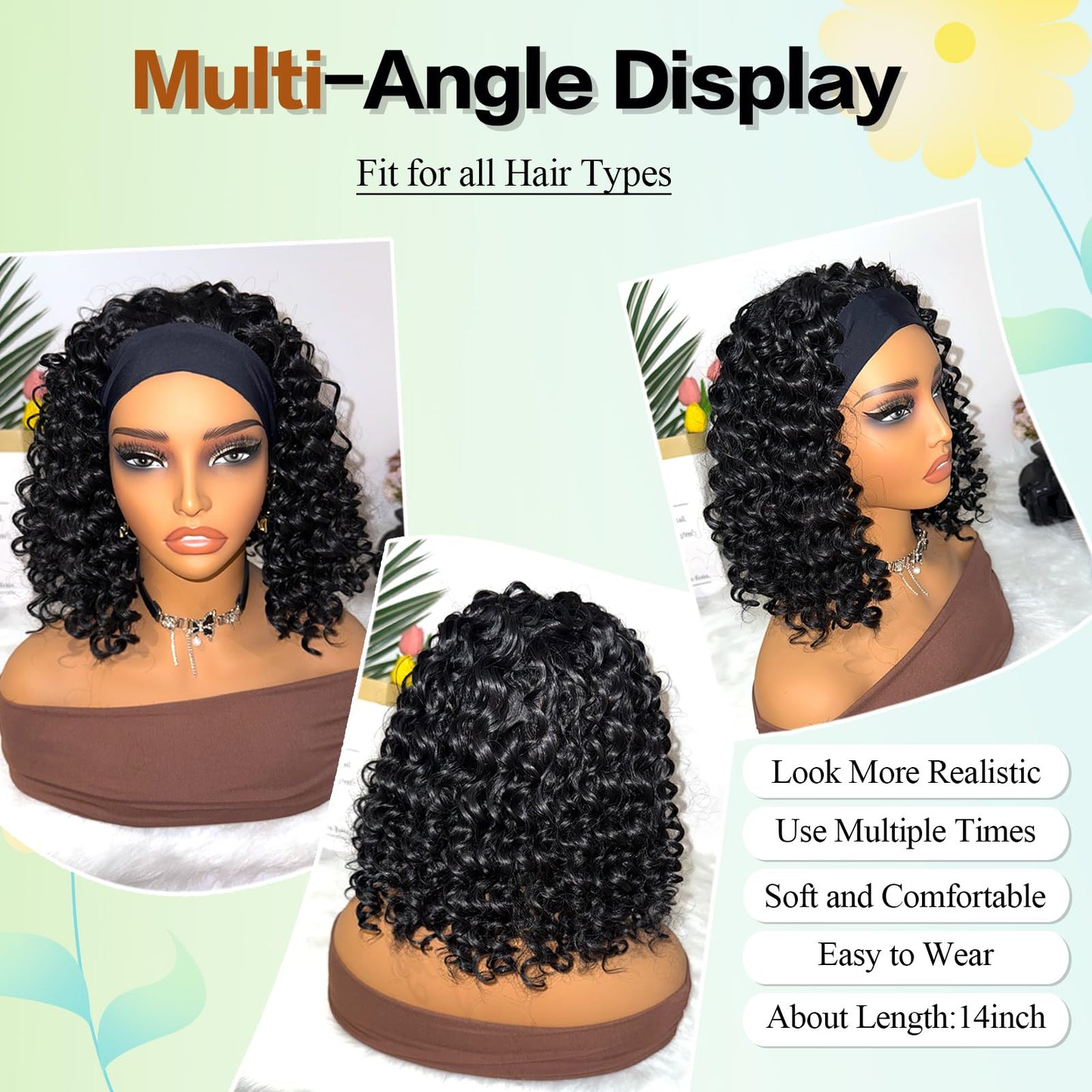 Aisaide Headband Wig Kinky Curly Black Headband Wigs for Black Women Natural Black None Lace Front Curly Wave Half Hair Wear and Go Glueless Wig