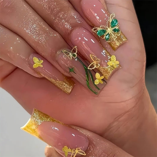 RTKHFZE Long Press on Nails Square Fake Nails Gold Glitter French Tip Acrylic False Nails with Designs Nails Tip Gold Butterfly and Rhinestones Full Cover Glue on Nails for Women Nail Decorations