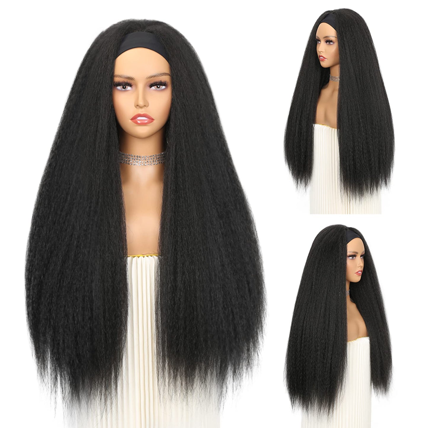 WIGNEE 26 Inches Kinky Straight Headband Wig for Women Yaki Straight Wigs with Black Headband Kinky Afro Wigs For Black Women