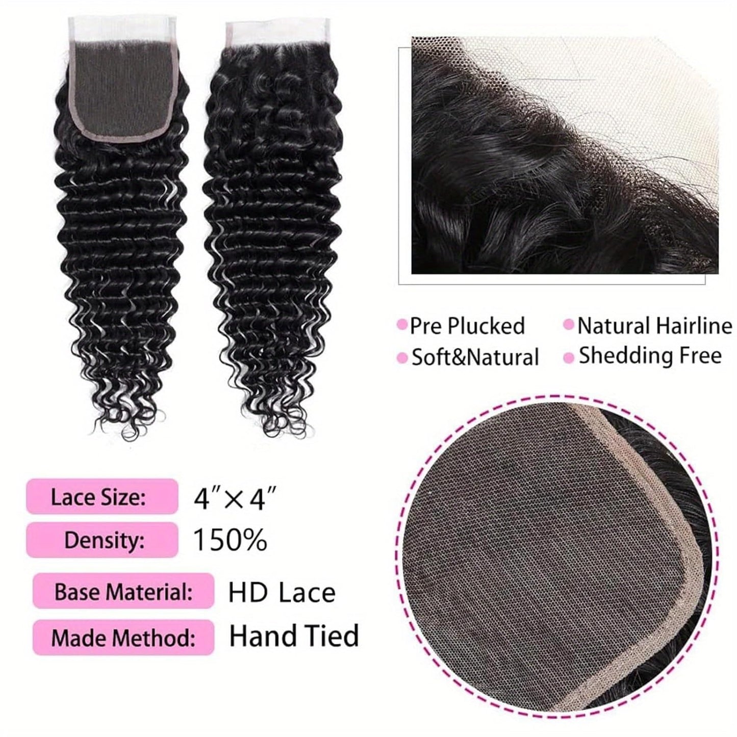 4x4 Hd Lace Closure Human Hair 12 Inch Free Part Deep Wave Closure Virgin Remy Curly Human Hair for Women Transparent Lace Closures Pre Plucked Natural Black