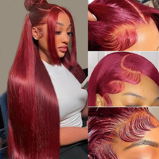 99j Burgundy Lace Front Wigs Human Hair 28Inch Reddish Brown Wig 13x6 HD Transparent Wine Red Colored Lace Front Wigs Human Hair Straight Lace Frontal Wigs 180% Density Pre Plucked With Baby Hair