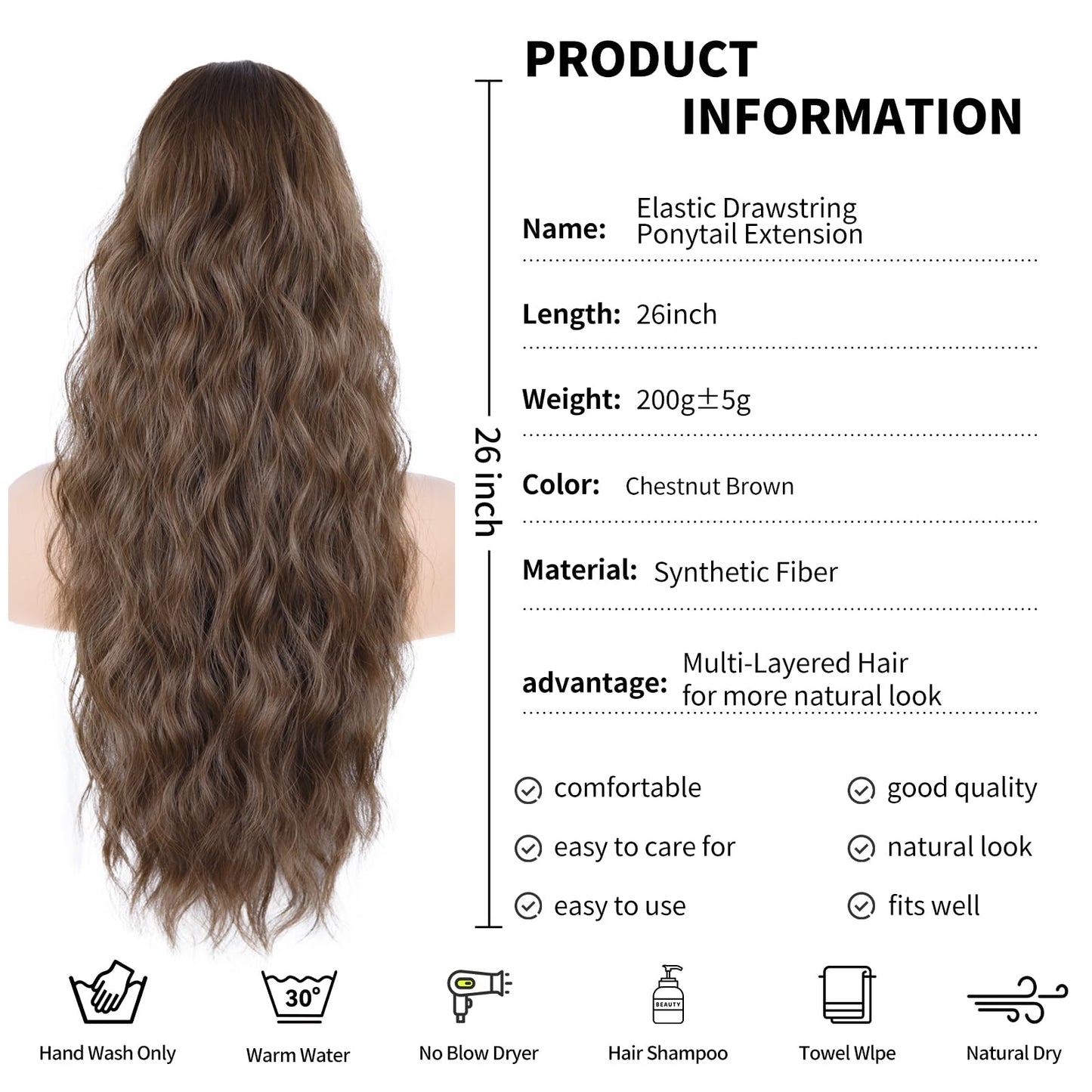 Drawstring Ponytail for Women, 26 inch Long Ponytail Extension, Synthetic Pony Tails Hair Extensions, Hair Extensions Ponytail for Daily Use (Color: Medium Brown)
