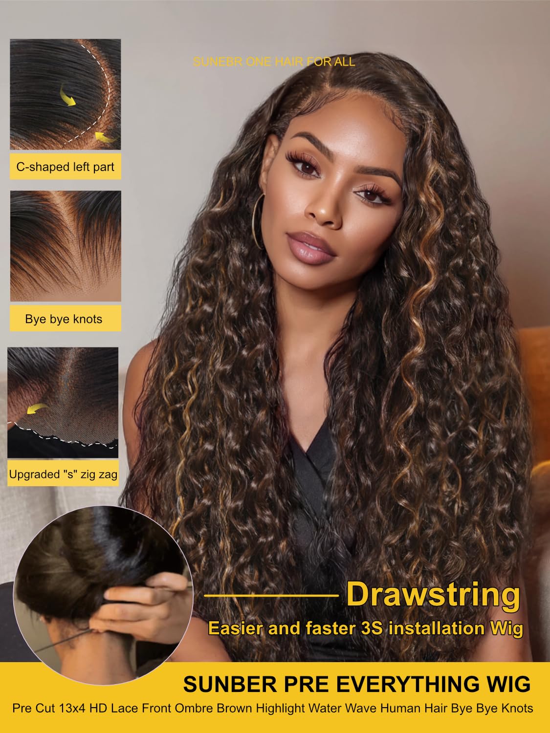 Sunber Ombre Brown Highlights Honey Blonde Water Wave Human Hair Glueless Wig Bye Bye Knots Pre Everything 7x5 Lace Front Pre Cut Lace Pre Plucked Pre Bleached Knots 150% Density 3S Pull Go 26Inch