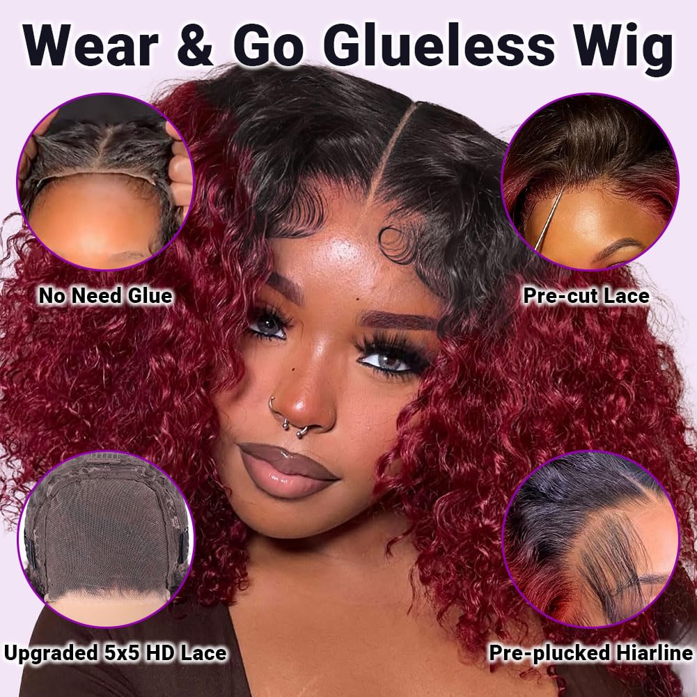 UCUVIC Glueless Wigs Human Hair Pre Plucked Pre Cut Wear And Go Curly 5x5 Deep Wave Bob Wig Human Hair Lace Front Closure Wigs For Black Women 200 Density Curly Wig Glueless Ombre Burgundy 14 Inch