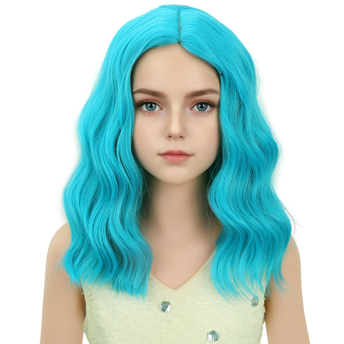 DUDUWIG Girls Blue Green Wig Kids Short Blue Green Wavy Curly Wig for Children Side Part Wigs Synthetic Hair Wigs Hairnet Include
