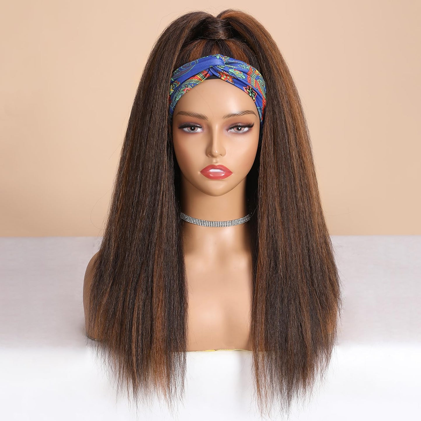 WIGNEE Brown Highlights Kinky Straight Headband Wig for Women 22 Inches Yaki Straight Wigs with Black Headband Kinky Straight Wigs for Black Women (2A/30# Highlights, 22 Inch)