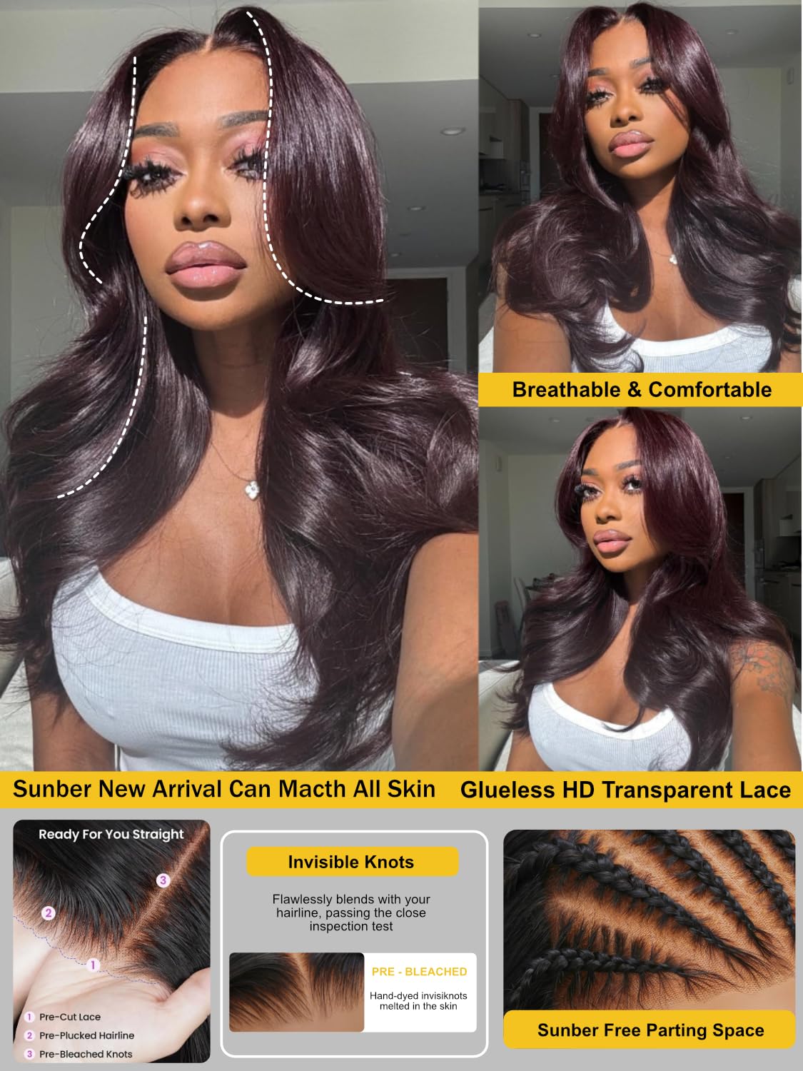 Sunber Purple Black Cherry Loose Body Wave With Drawstring Wig Bye Bye Knots 13x4 Pre-Everything Lace Frontal Glueless Wigs Pre Plucked Pre Bleached Knots 180% Density 16Inch 3S Put On and Go Wigs