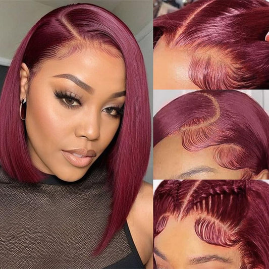 RMOARIWR 99j Burgundy Bob Wig Human Hair 180% Density 13x4 HD Transparent Lace Front Wigs Human Hair Pre Plucked Short Bob Glueless Straight Wigs Human Hair for Women 16 Inch