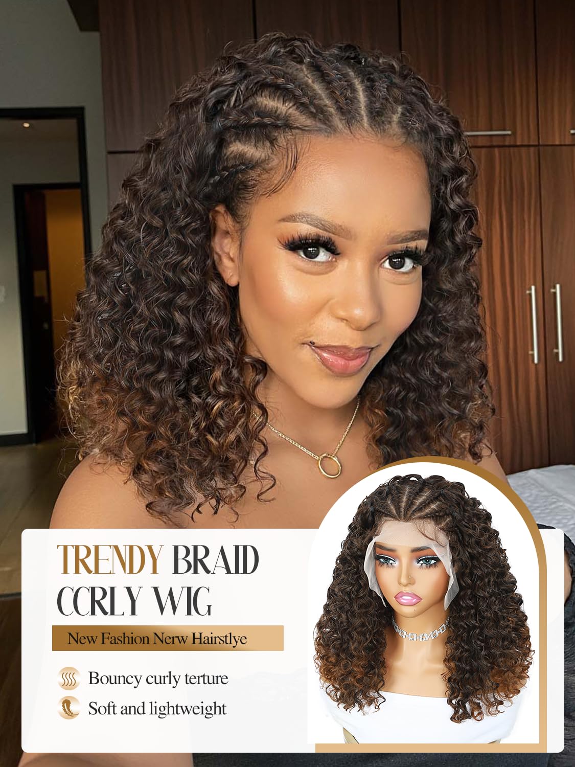 Quantum Love Braided Wigs for Black Women Braids Cornrows Lace Curly Wigs 16 Inch Lace Frontal Braided Fully Curly Ombre Brown Bob Synthetic Glueless Wigs