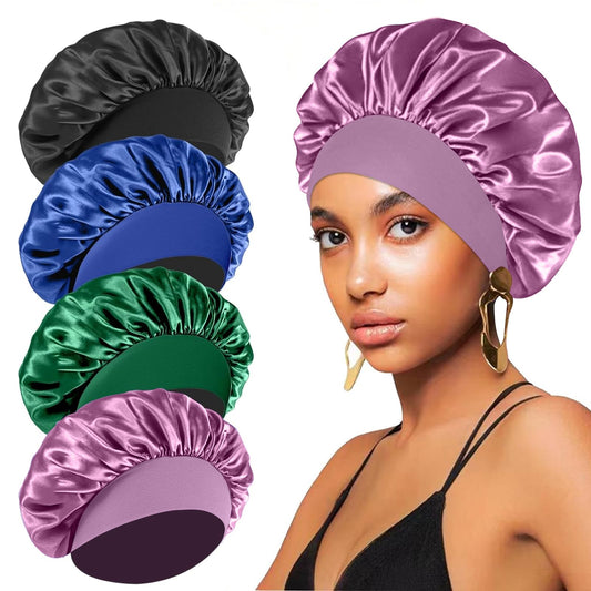4PCS Silk Satin Bonnets for Black Women & Men - Elastic Wide Band Hair Wrap Cap for Curly Hair - Shower Cap for Sleeping (Black, Blue, Purple, Green)