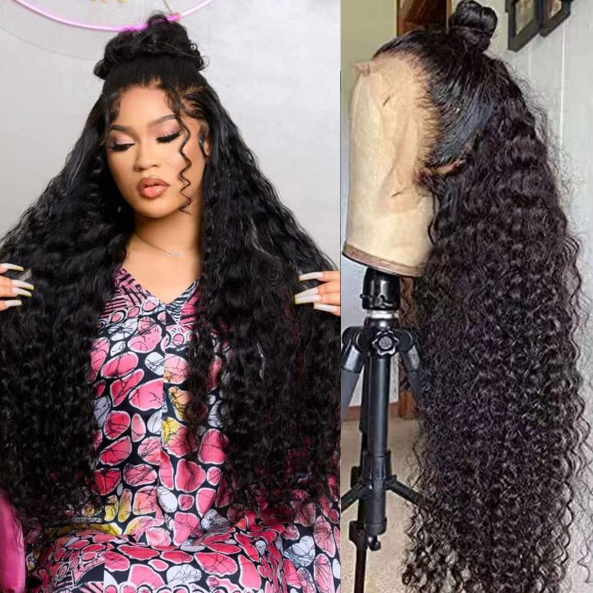 WPPIKK 13x4 Lace Front Wigs Human Hair Pre Plucked 180 Density Brazilian Wet and Wavy Human Hair Wigs for Black Women Glueless Curly Lace Frontal Wig Natural Color (34 Inches)