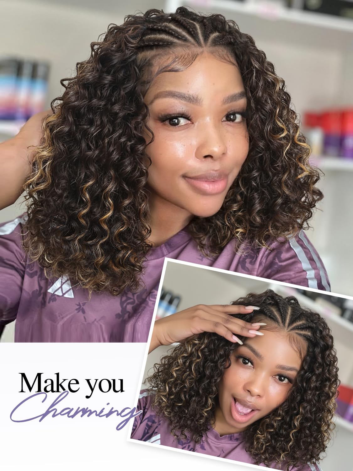 Quantum Love Braided Wigs for Black Women Braids Cornrows Lace Curly Wigs 16 Inch Lace Frontal Braided Fully Curly Bob Synthetic Glueless Wig （Mix Blonde）