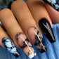 Press on Nails Long Coffin Fake Nails Black Blue Marble Glue on Nails Press on False Nails Glossy Acrylic Ballet Nails Full Cover Reusable Stick on Nails for Women Summer Nails Art Decorations 24PCS