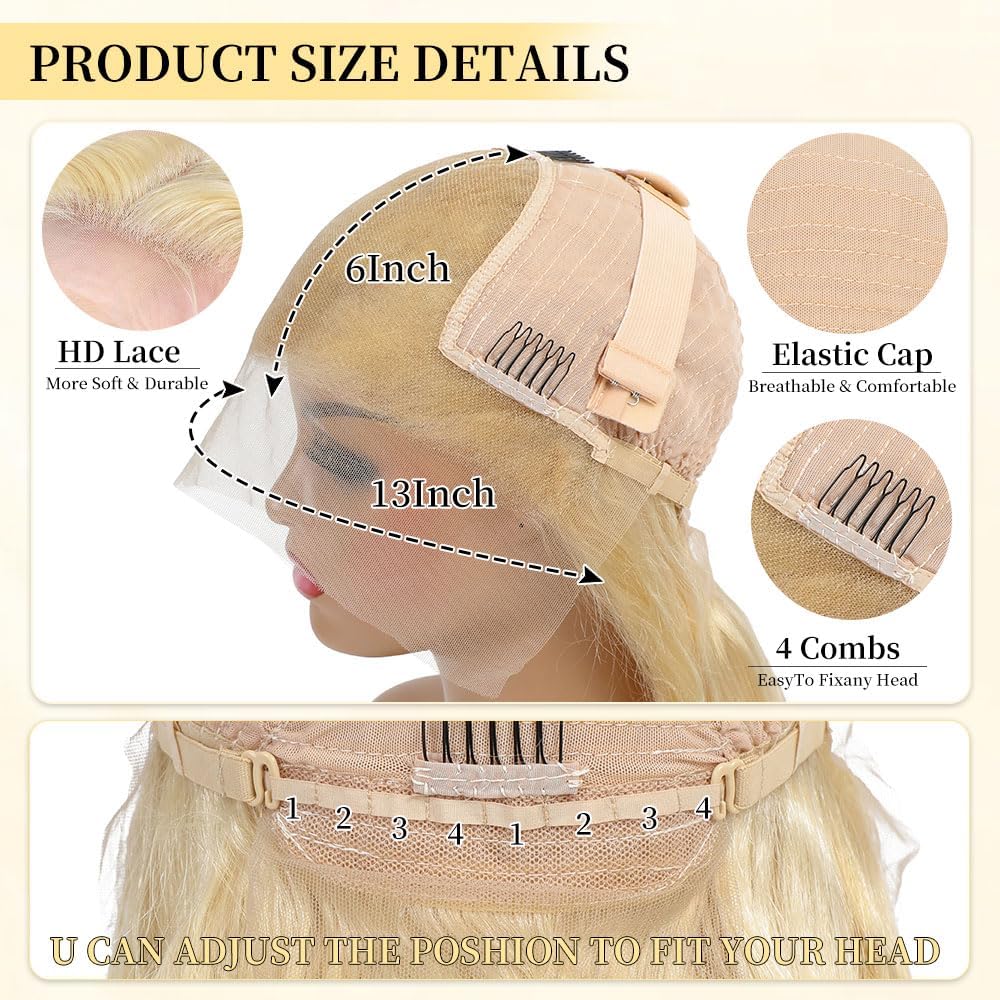 Femca 613 13x6 Lace Front Wig Human Hair 200 Density Blonde Wig Human Hair HD Lace Frontal Wig Pre Plucked 100% Real Human Hair Easily Stained No Tangle Minimal Shedding 24 Inch