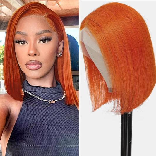 350 Ginger Bob Wig Human Hair 13x4 HD Transparent Lace Front Wigs Pre Plucked Natural Hairline Straight Bob Wig for Black Women Short Orange Ginger with Baby Hair 180% Density Brazilian Hair 14Inch