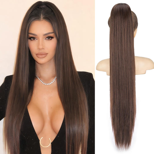 ORSUNCER Drawstring Ponytail Extension, Long Straight Pony Tails Hair Extensions Natural Soft Clip in Ponytail for Women Synthetic Hairpieces Medium Brown