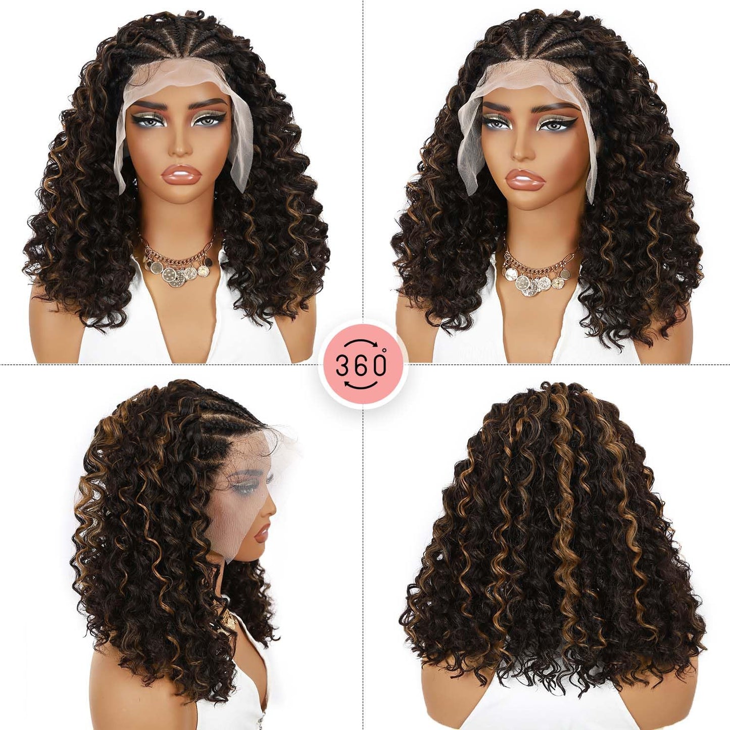 Fancy Hair Cornrow with Curly Hair Wig HD Lace Front Braided Wig with Baby Hair Pre Plucked Glueless Transparent 13x4 Inch Lace Frontal Wig for Black Women (2#/27#)