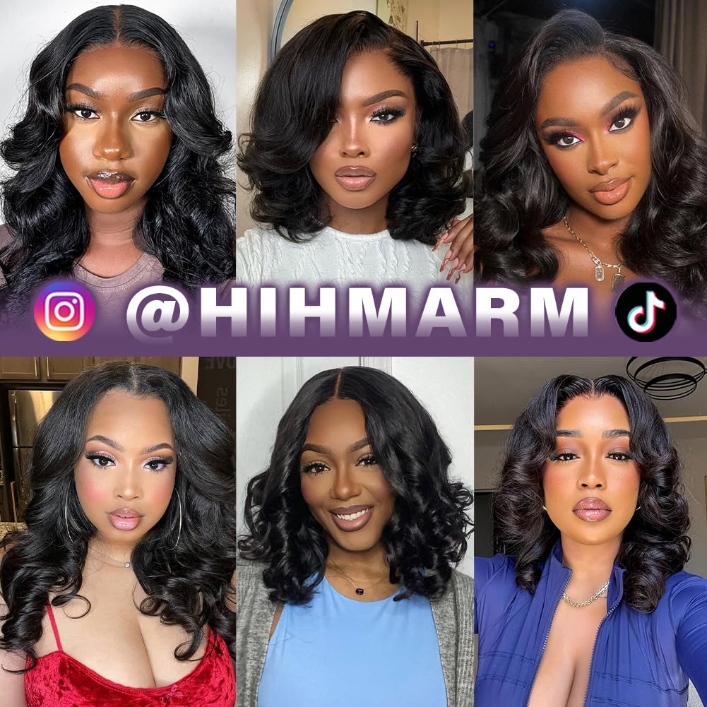 Hihmarm Body Wave Bob Wig Human Hair 13x6 HD Lace Front Wigs Human Hair Pre Plucked Glueless Frontal Wig Wear and Go Short Bob Wigs for Black Women 180 Density Natural Black 16 Inch
