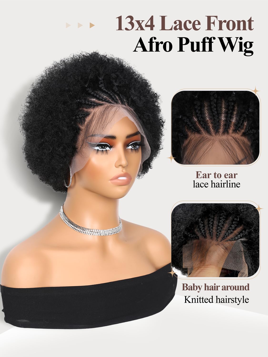 Quantum Love Braided Cornrow Afro Puff Wig for Black Women Stitch Braids Lace Front Wigs with Baby Hair Glueless Prep lucked Afro Braid Synthetic Natural Black Hair