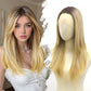 Fugady Blonde Ombre Glueless Layered Straight Lace Front Bob Wig With White Highlight 200 Density Pre Plucked Synthetic Heat Resistant Gold Wig With Baby Hair Colorful Lace Wigs For Women 22 inches