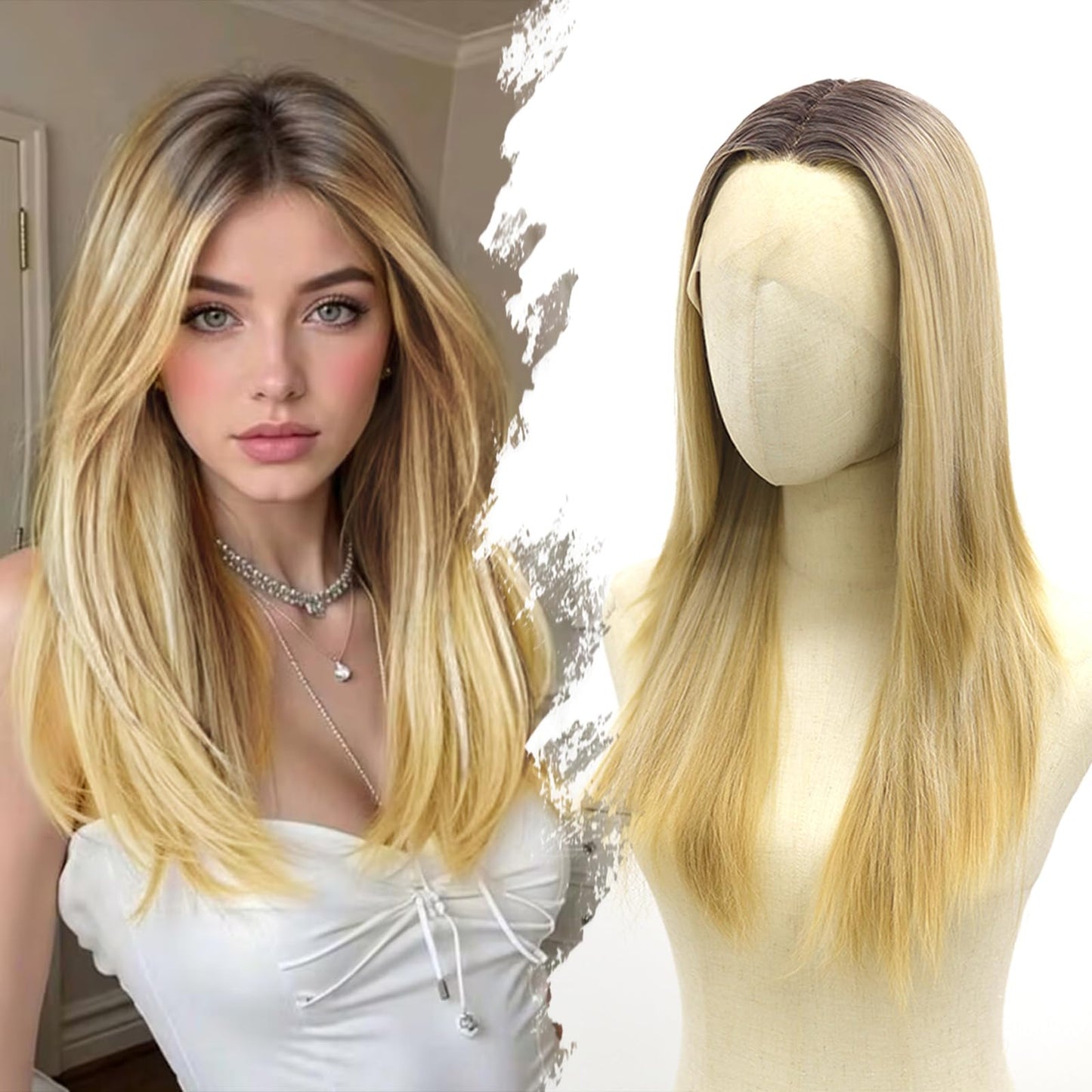 Fugady Blonde Ombre Glueless Layered Straight Lace Front Bob Wig With White Highlight 200 Density Pre Plucked Synthetic Heat Resistant Gold Wig With Baby Hair Colorful Lace Wigs For Women 22 inches