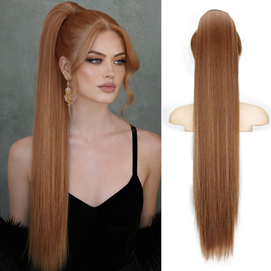 ORSUNCER Drawstring Ponytail Extension, Long Straight Pony Tails Hair Extensions Natural Soft Clip in Ponytail for Women Synthetic Hairpieces Auburn Brown