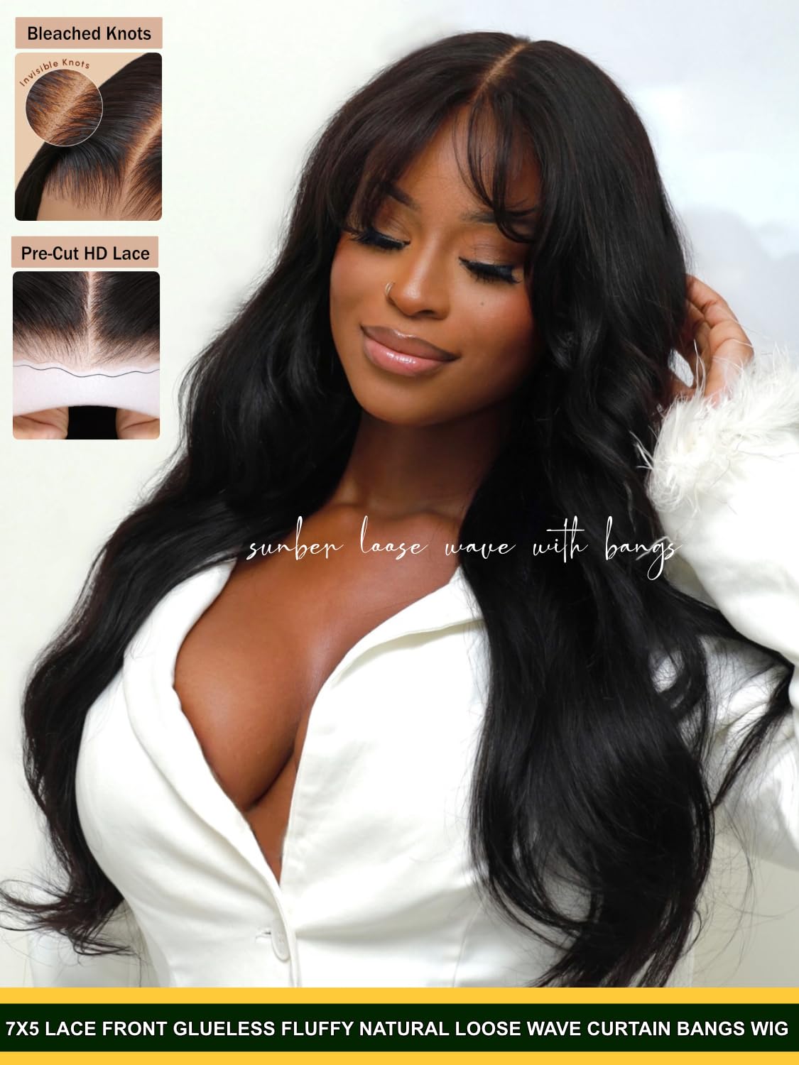 Sunber Bye Bye Knots 7x5 Lace Front Glueless Fluffy Natural Loose Wave Curtain Bangs Wig 180% Density Human Hair Wigs Pre Plucked Invisible Knots Pre Everything 3S Ready to Wear 18Inch