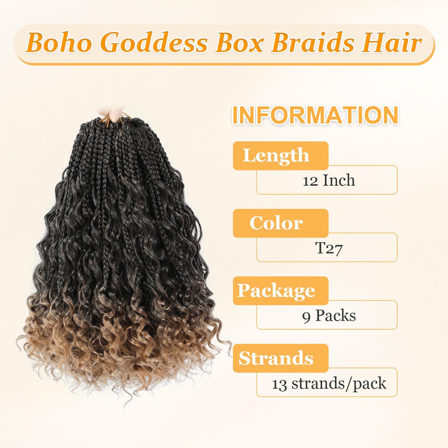 Yewell 9 Packs Goddess Box Braids Crochet Hair Boho Box-Braids With Curly Ends Crochet-Hair For Black Women, 12 Inch Pre Looped Bohemian Crochet Box-Braiding (12Inch 9 Packs,T27)