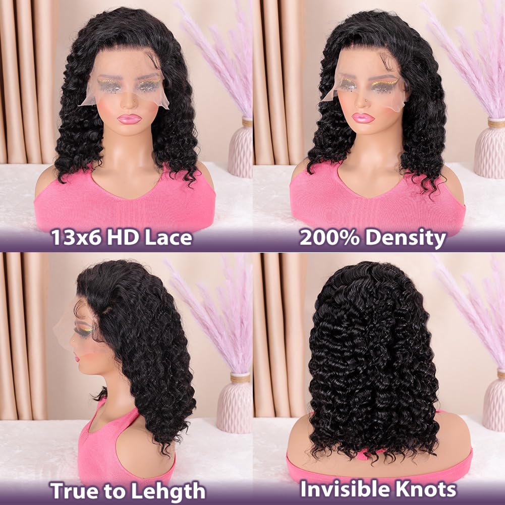 Hihmarm Curly Bob Wig Human Hair 13x6 Hd Lace 100% Human Hair Deep Wave Wigs Pre Plucked Glueless Wig Short Curly Wet And Wavy Human Hair Bob Wigs For Black Women 180 Density Natural Color 14 Inch