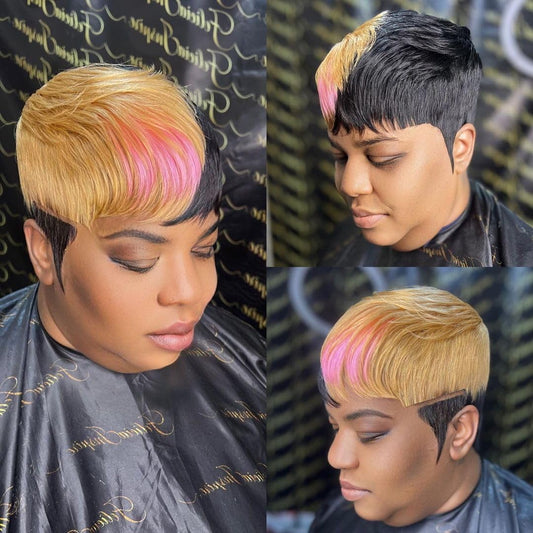 PurpleSexy Short Layered Pixie Cut Human Hair Wigs Glueless Pixie Cut Wigs for Black Women 1b/30/pink color for Summer Brazilian Virgin Human Hair for Women