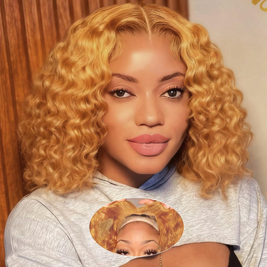 UCUVIC Wear And Go Glueless Wigs Human Hair Pre Plucked Pre Cut Curly 5x5 Deep Wave Bob Wig Human Hair Lace Front Closure Wigs For Black Women 200 Density Curly Wig Glueless Honey Blonde 12 Inch