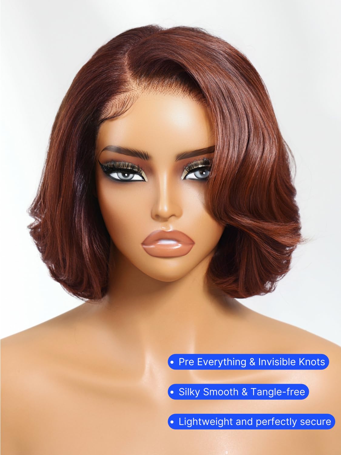 Nadula Bye Bye Knots Reddish Brown Short Body Wave Bob Drawstring Wig human Hair with Face Framing Layers Bangs, Glueless Pre Cut 7x5 HD Lace Front Wig Pre Plucked Ready to Wear Wavy Bob Wig 12inch